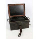 A George V deed box with internal pull-out tray retaining twin ink pots, the lid underside with