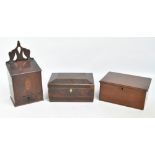 A George III mahogany and inlaid candle box, a 19th century mahogany lidded box and a walnut