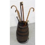 A firkin containing six walking sticks to include two bone/antler handle examples and a