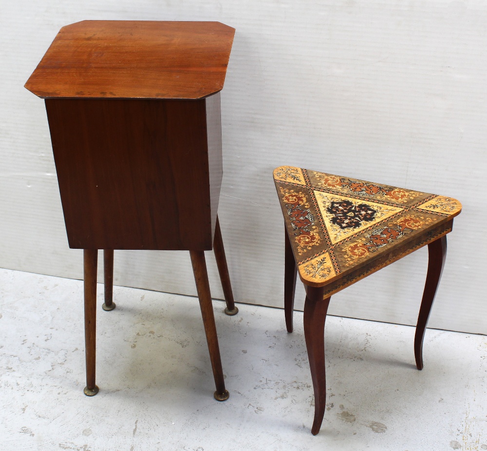 Two sewing tables; one with inlaid foliate scroll decoration to top, height of the taller 73cm (2).