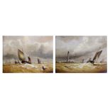 UNATTRIBUTED; a pair of 19th century style oil on board, seascapes with fishing boats in rough seas,