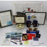 A collection of Cunard Queen Elizabeth II and related items to include beer glass, leather wallets,