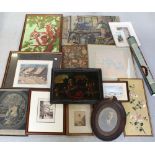 A mixed lot of prints and tapestries to include a 19th century print on glass 'Hop Picking',
