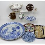 A mixed lot of ceramics to include a large Japanese blue and white charger,
