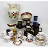 Two boxes of ceramics including Denby, Royal Kent teaware, Crown Ducal etc.