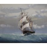 UNATTRIBUTED; oil on canvas depicting a ship at full sail in rough seas,