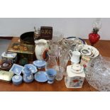 A mixed lot of ceramics to include Wedgwood, blue dip boxes, dishes and vases, a Poole bowl,