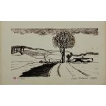 A limited edition print of an agrarian landscape with farmstead,