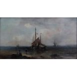 UNATTRIBUTED; oil on canvas, a coastal scene depicting horse and cart with ship behind,