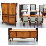 An Epstein 'Versailles' kingwood dining suite comprising extending dining table and extra leaf,