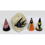 Three Art Deco style conical sugar sifters, comprising Lorna Bailey,