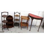 An oak cakestand, a mahogany cakestand, a yew wood two-tier oval table,