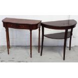 A mahogany demi-lune reproduction hall table and a mahogany serpentine reproduction card table with