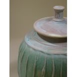 Richard Robinson; lidded jar textured slip surface and matte glaze reduction fired to 1280c,