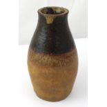 Karl Atkins; hand-built grogged stoneware vase with tenmoku glaze decoration, height approx 20cm.