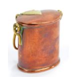 A novelty copper and brass mounted vesta case with hinged lid, swing handle and liner,