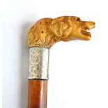 An Edwardian malacca walking cane, the carved ivory dog's head handle inset with amber glass eyes,