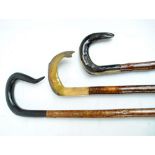 Three walking sticks, one with horn handle carved as a fish, length 113cm (3).