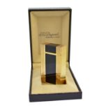 DUPONT; a gold plated and black enamel lighter, no.18GFN40, height 5.5cm, in fitted case.