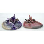 An amethyst oval pin dish decorated with hen and five chicks (one missing), width 12cm,