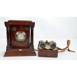 A Victorian mahogany watch stand with brass cased key wind watch and a leather cased pair of opera