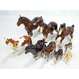 BESWICK; seven horses; shire horse and foals, etc, also two further horse figures (9).