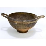 A Roman pottery twin handled footed vessel on terracotta ground with black painted detail,