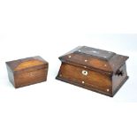 A 19th century rosewood and mother of pearl inlaid workbox, width 30cm,