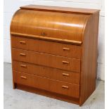 A contemporary teak bureau, roll-top above three long drawers to plinth support, 97 x 90cm.