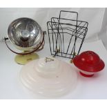 Two vintage plastic lamp shades, a Pifco infrared and radiant heat lamp and a magazine rack (4).