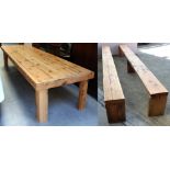 A large pine rectangular table with bolted decoration to sides and legs, length 358cm,