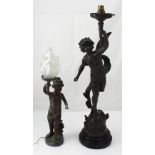A spelt figural lamp base after Auguste Moreau in the form of a putto,