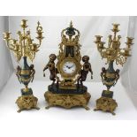 An Imperial French style eight-day clock garniture set with brass and marble,
