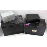 Two large vintage black metal filing/document cabinets with ancillary boxes to interior,