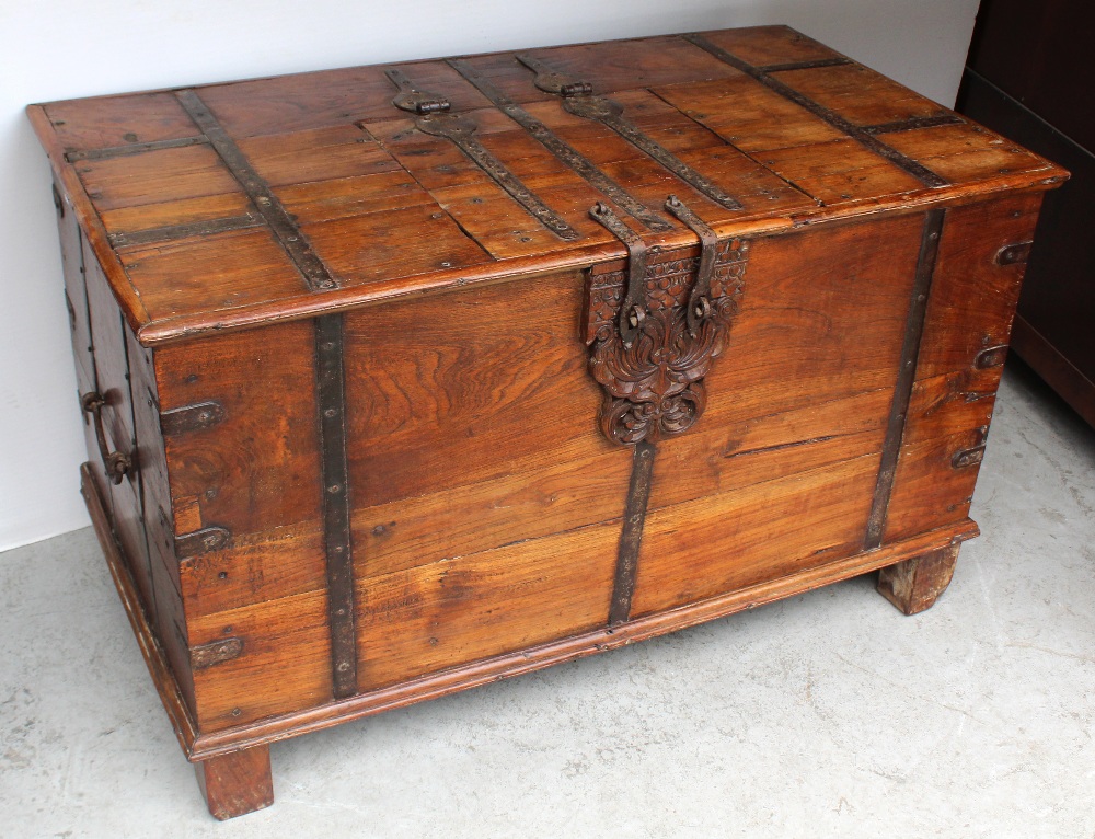 A 19th century Anglo-Indian iron-bound teak dowry chest, width 111cm.