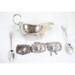 A group of variously hallmarked silver items, a set of three decanter labels for brandy,