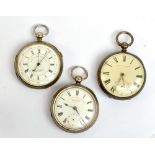 Three silver key wind open face pocket watches, each with Roman numerals to the enamelled dials (3).