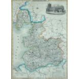 A mid-19th century and later coloured map of Lancashire, 30.5 x 22.5cm, framed and glazed.