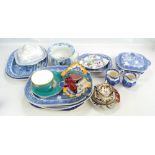 A quantity of blue and white meat plates, chamber pots, tureen and cover, Royal Doulton flambé hare,