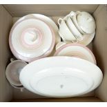 A Royal Doulton pink and white part dinner service including meat plate, tureens, soup bowls, etc.