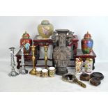 A group of various Oriental items including a large spelter Chinese archaic style vase, height 37.