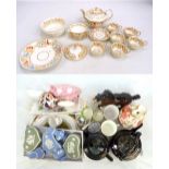 A group of ceramics including a 19th century part tea set, Wedgwood jasperware trinket boxes,