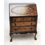 A 1940s walnut and simulated walnut bureau, width 75cm.