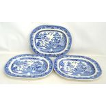 Three blue and white 'Old Willow' pattern meat plates, length 40cm.