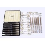 WALKER & HALL; a cased set of six George V hallmarked silver sheath handled fruit knives,