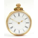 A 14ct yellow gold crown wind fob watch with white enamel dial set with Roman numerals,