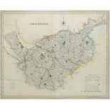 An early 19th century engraved and coloured map of Cheshire, 35 x 42cm, framed and glazed.
