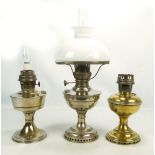 Three mid-20th century oil lamps, one with opaque glass shade (3).