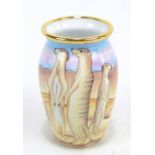 MOORCROFT; a miniature baluster vase with painted enamel meerkat decoration and gilt rim,