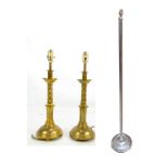 A chromed standard lamp, height excluding fitment 149.5cm, and a pair of brass table lamps (3).